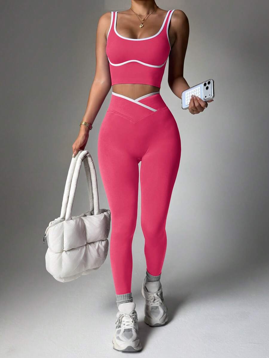Conjunto Fitness Feminino Sem Costura com Cores Contrastantes
