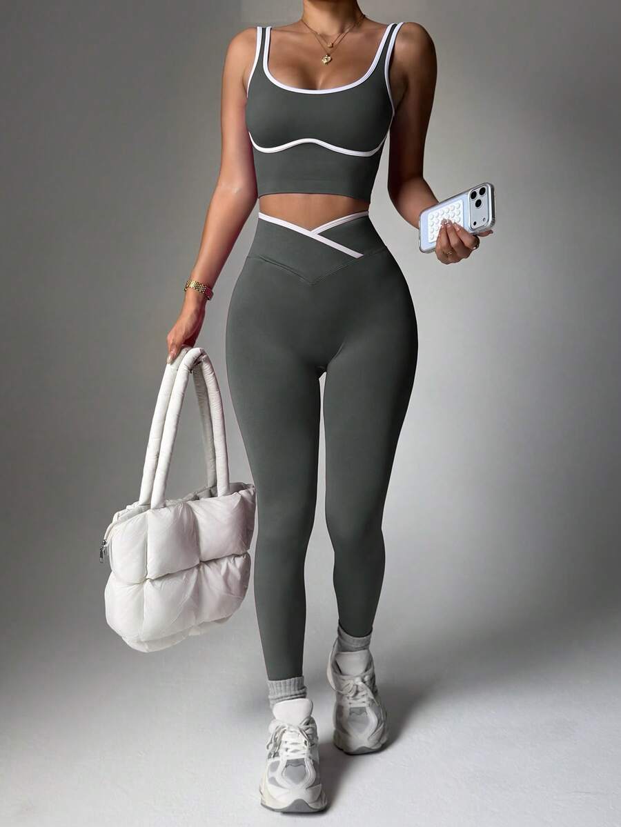 Conjunto Fitness Feminino Sem Costura com Cores Contrastantes