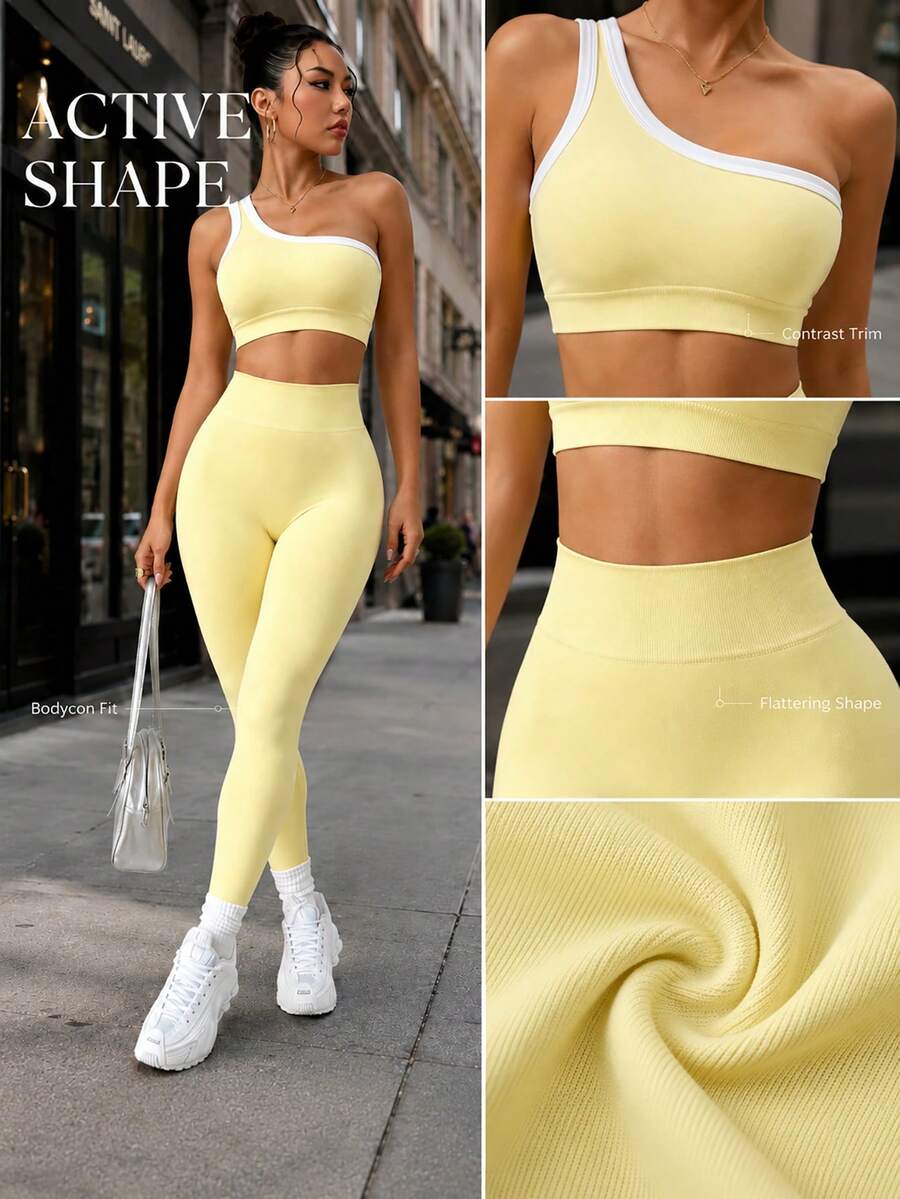 Conjunto Fitness Feminino Sem Costura com Top de Um Ombro e Legging