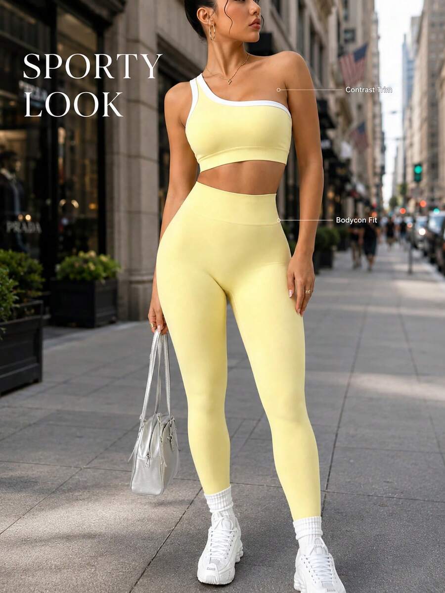 Conjunto Fitness Feminino Sem Costura com Top de Um Ombro e Legging