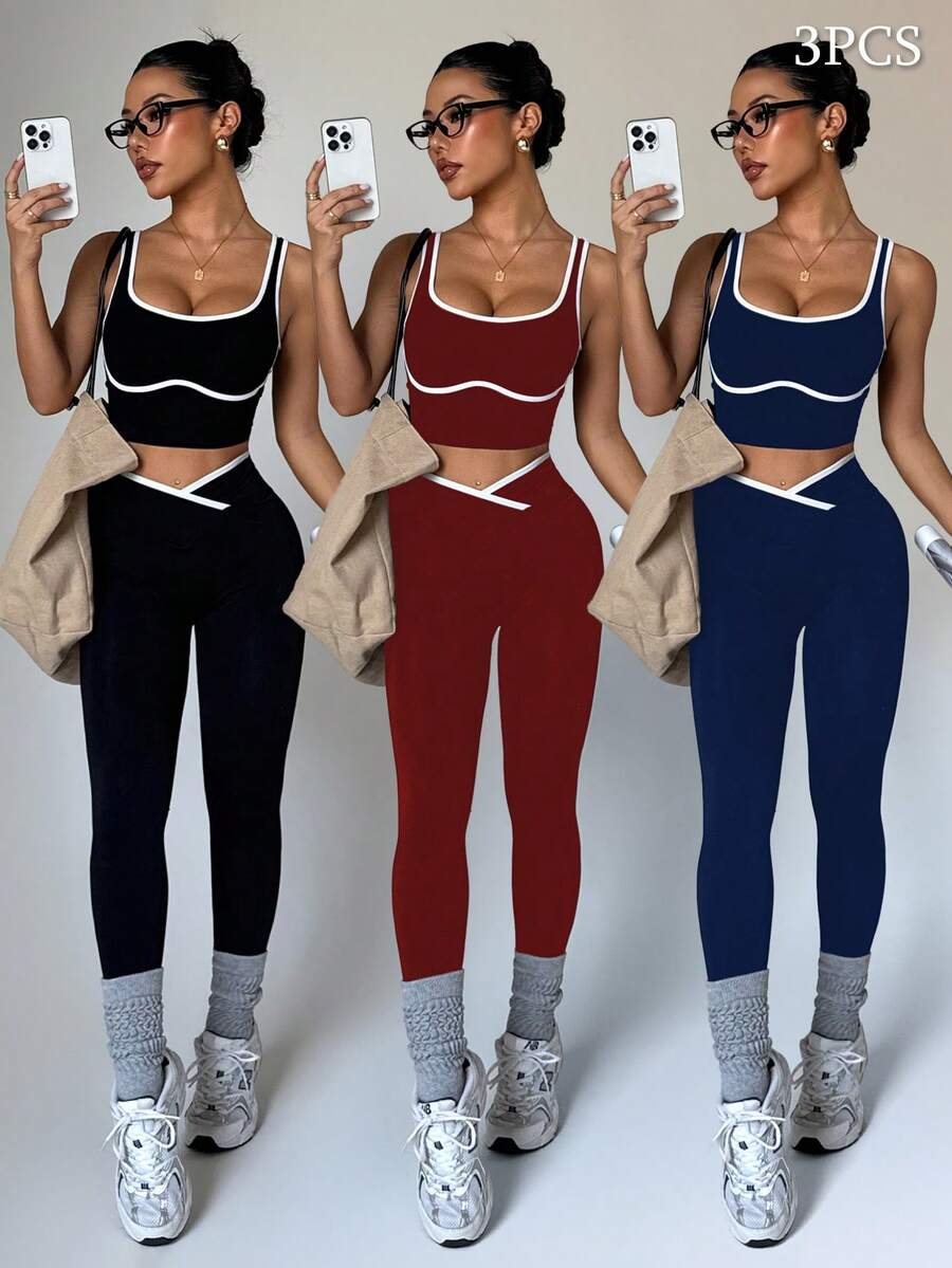 Conjunto Fitness Feminino Sem Costura com Cores Contrastantes