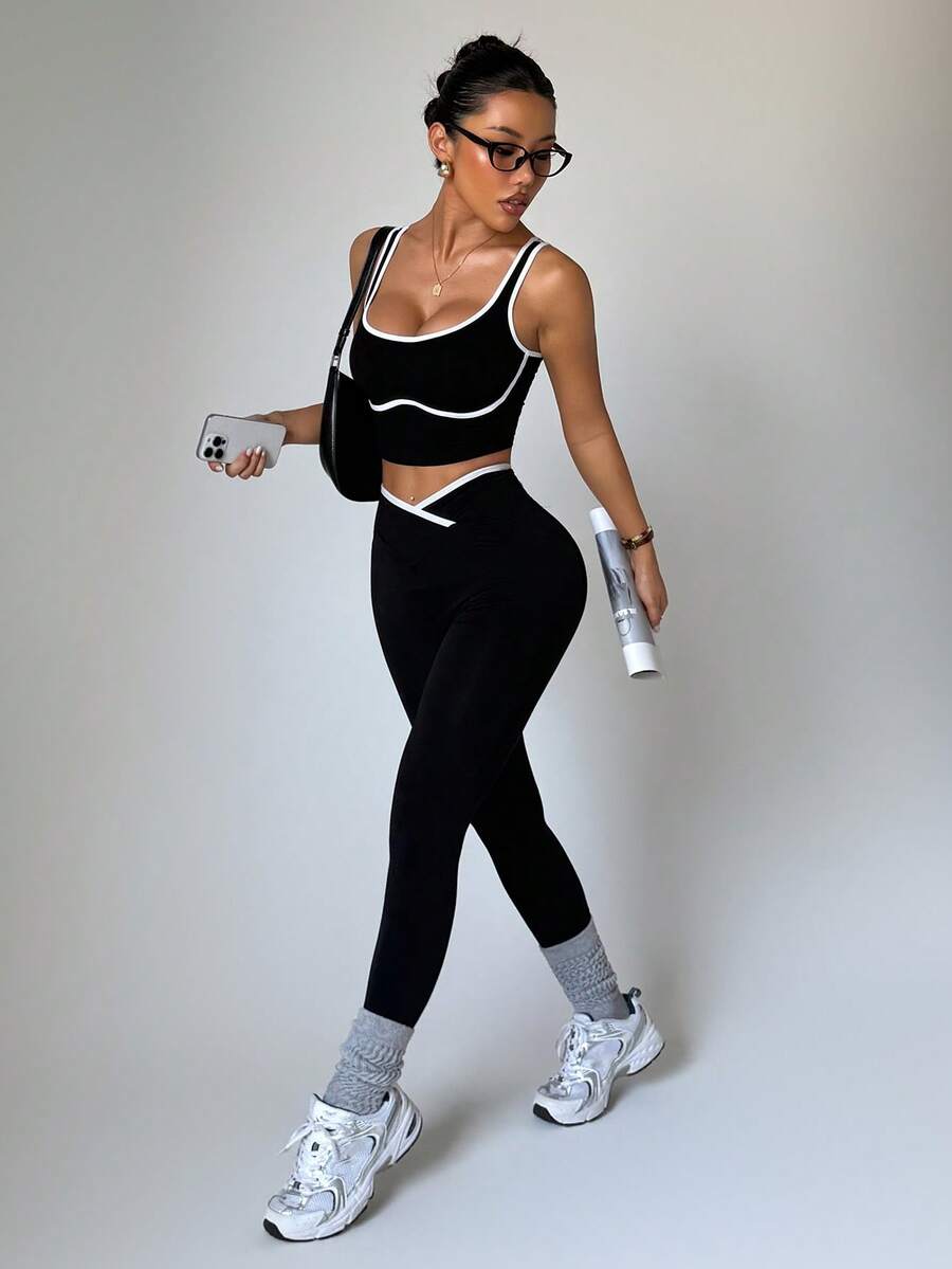 Conjunto Fitness Feminino Sem Costura com Cores Contrastantes