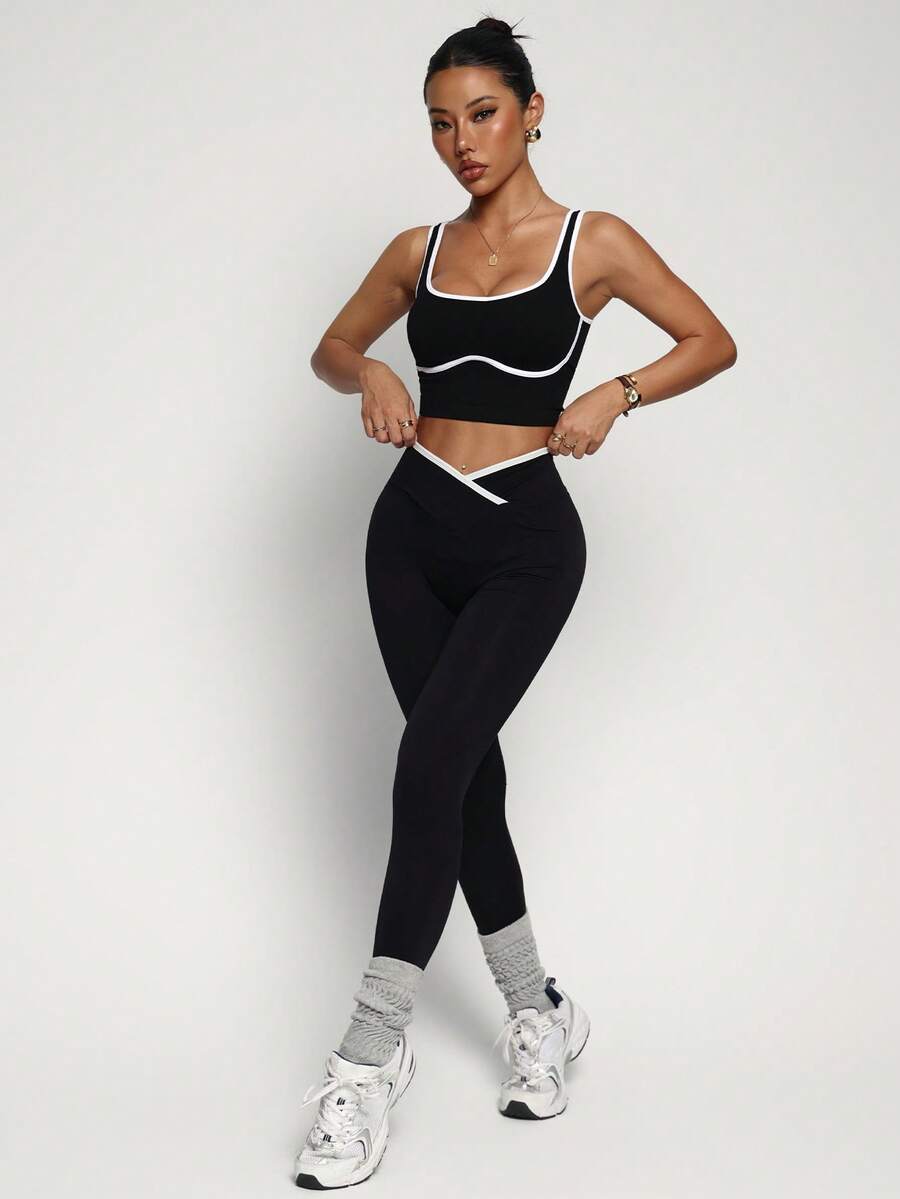 Conjunto Fitness Feminino Sem Costura com Cores Contrastantes