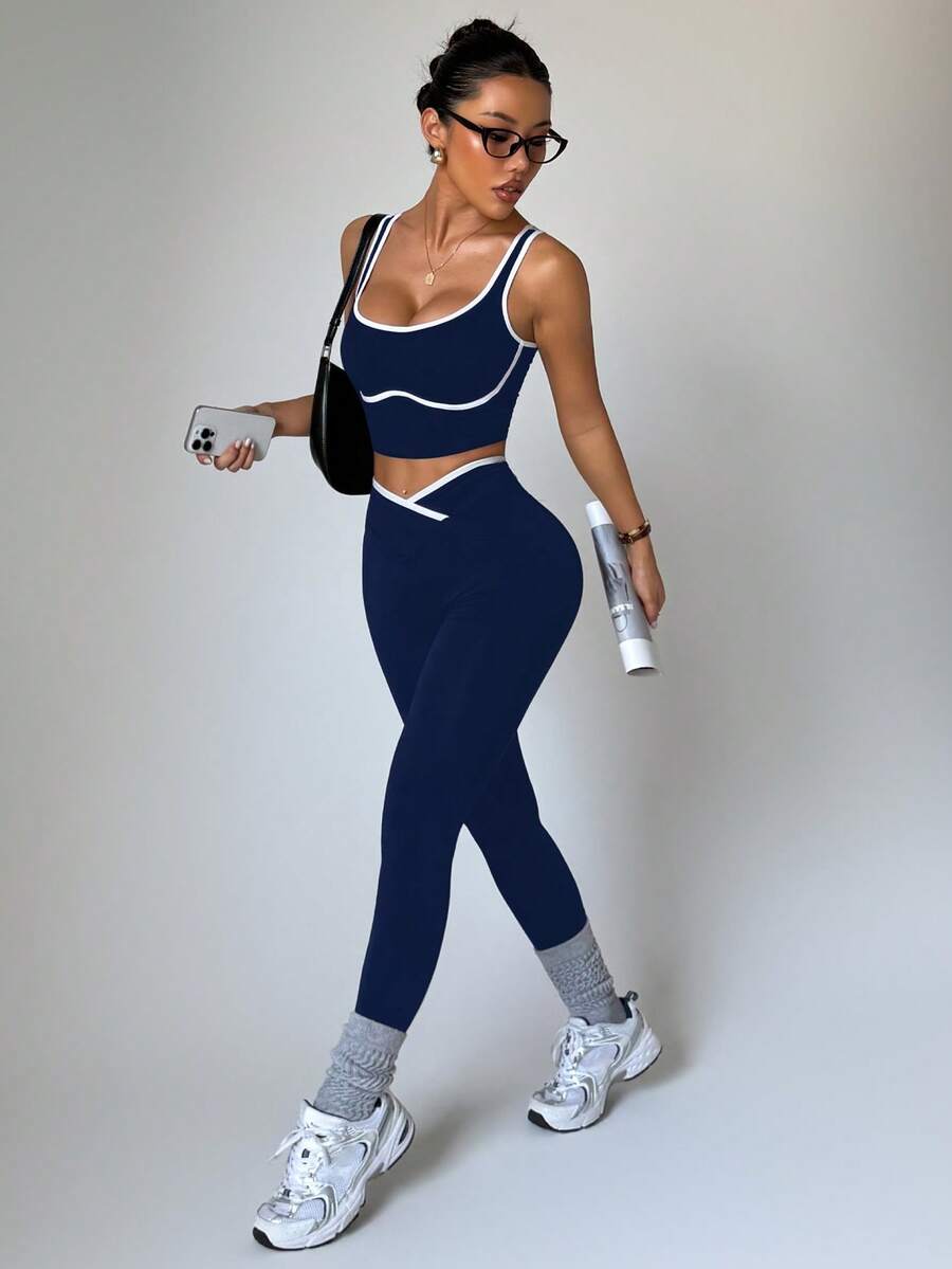 Conjunto Fitness Feminino Sem Costura com Cores Contrastantes