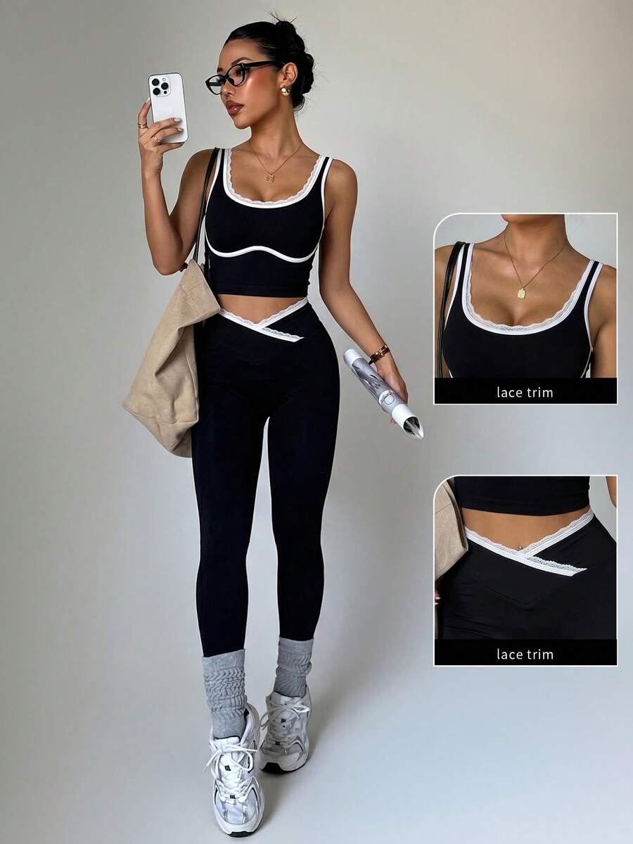 Conjunto Fitness Feminino Sem Costura com Cores Contrastantes