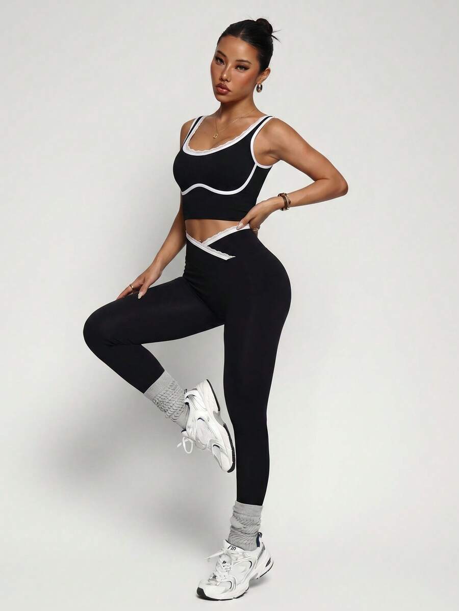 Conjunto Fitness Feminino Sem Costura com Cores Contrastantes