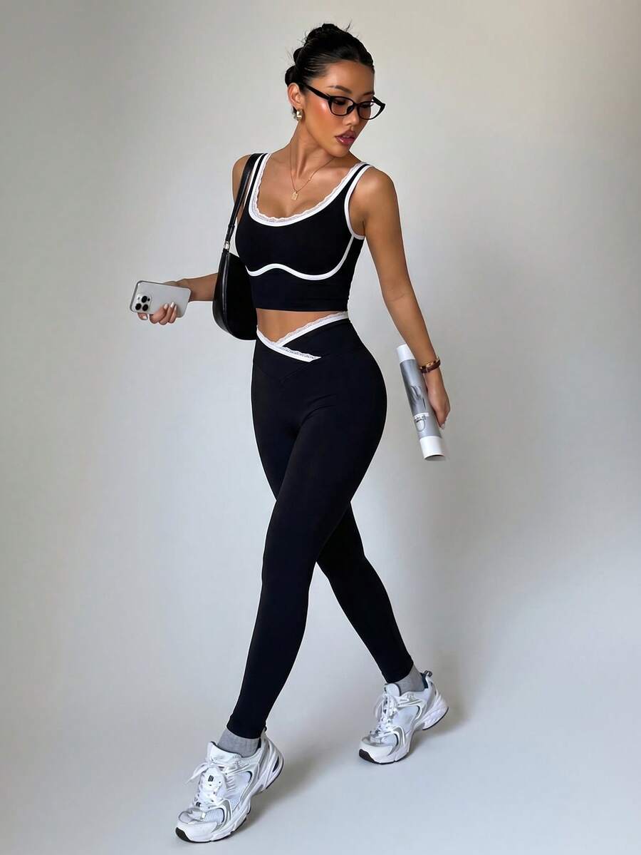 Conjunto Fitness Feminino Sem Costura com Cores Contrastantes