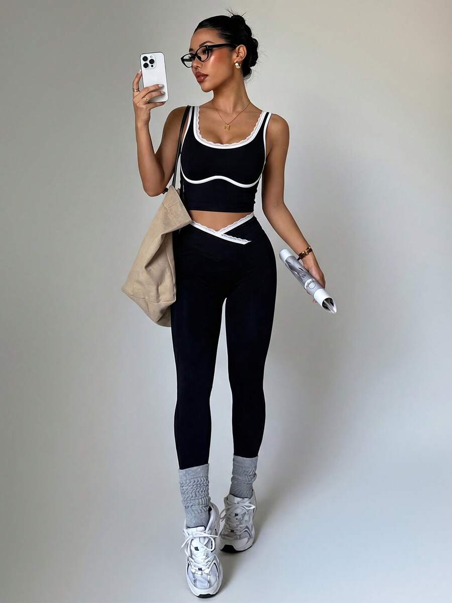 Conjunto Fitness Feminino Sem Costura com Cores Contrastantes