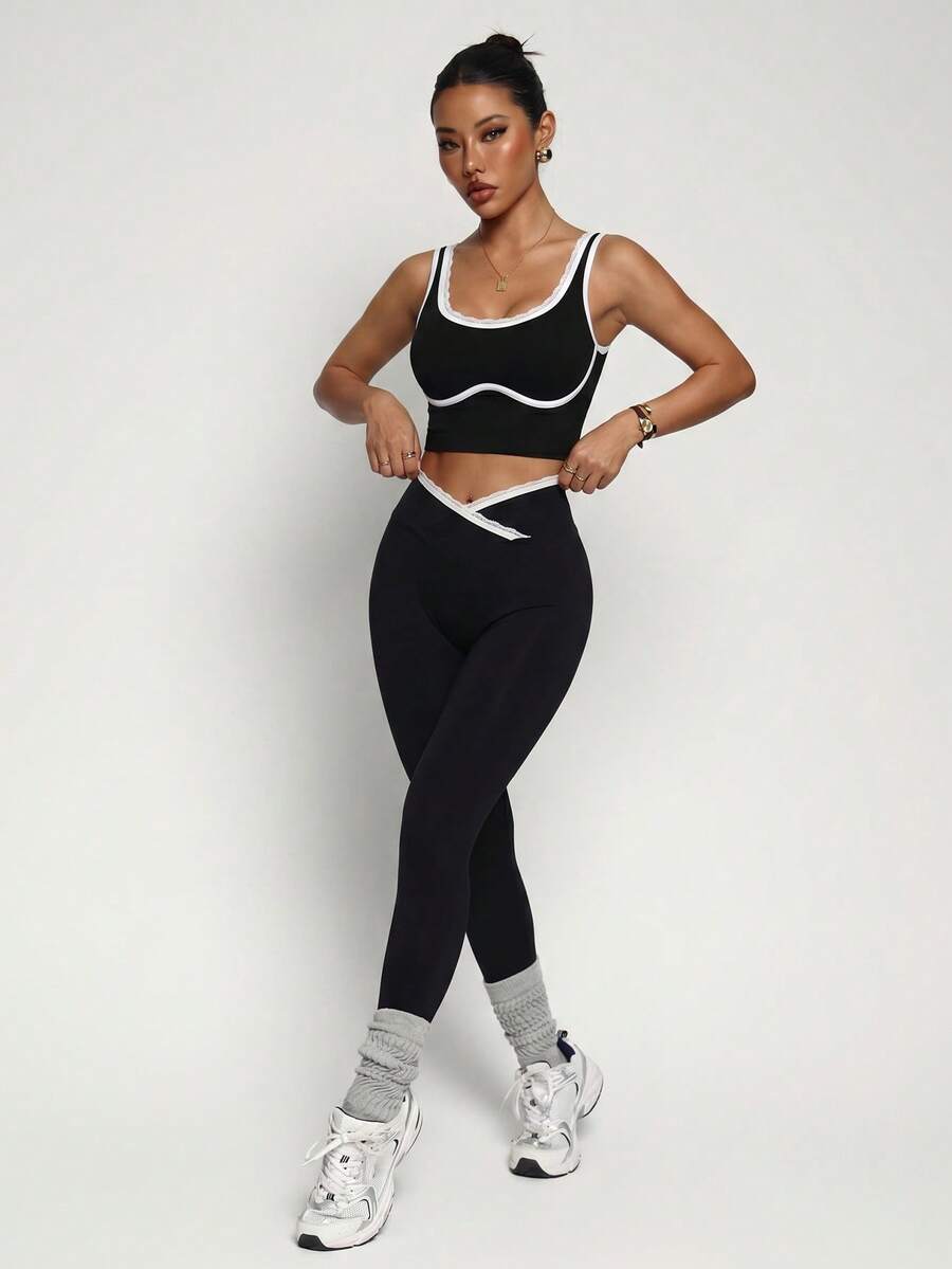 Conjunto Fitness Feminino Sem Costura com Cores Contrastantes