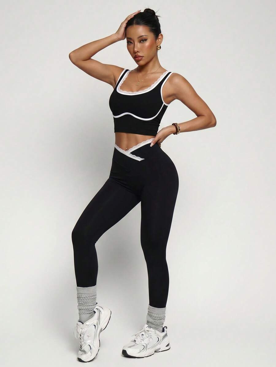 Conjunto Fitness Feminino Sem Costura com Cores Contrastantes