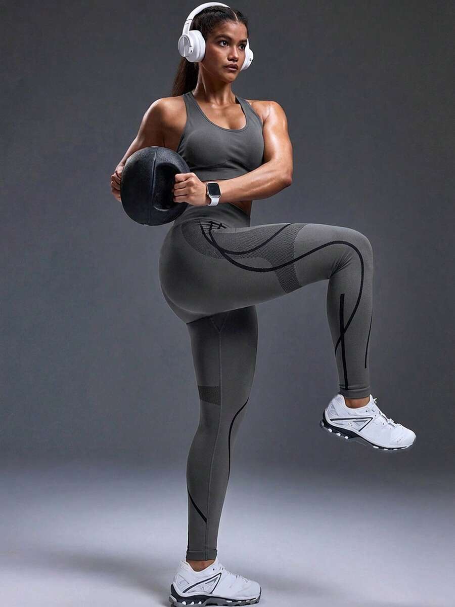 Legging Fitness Feminina Sem Costura com Listras Contrastantes