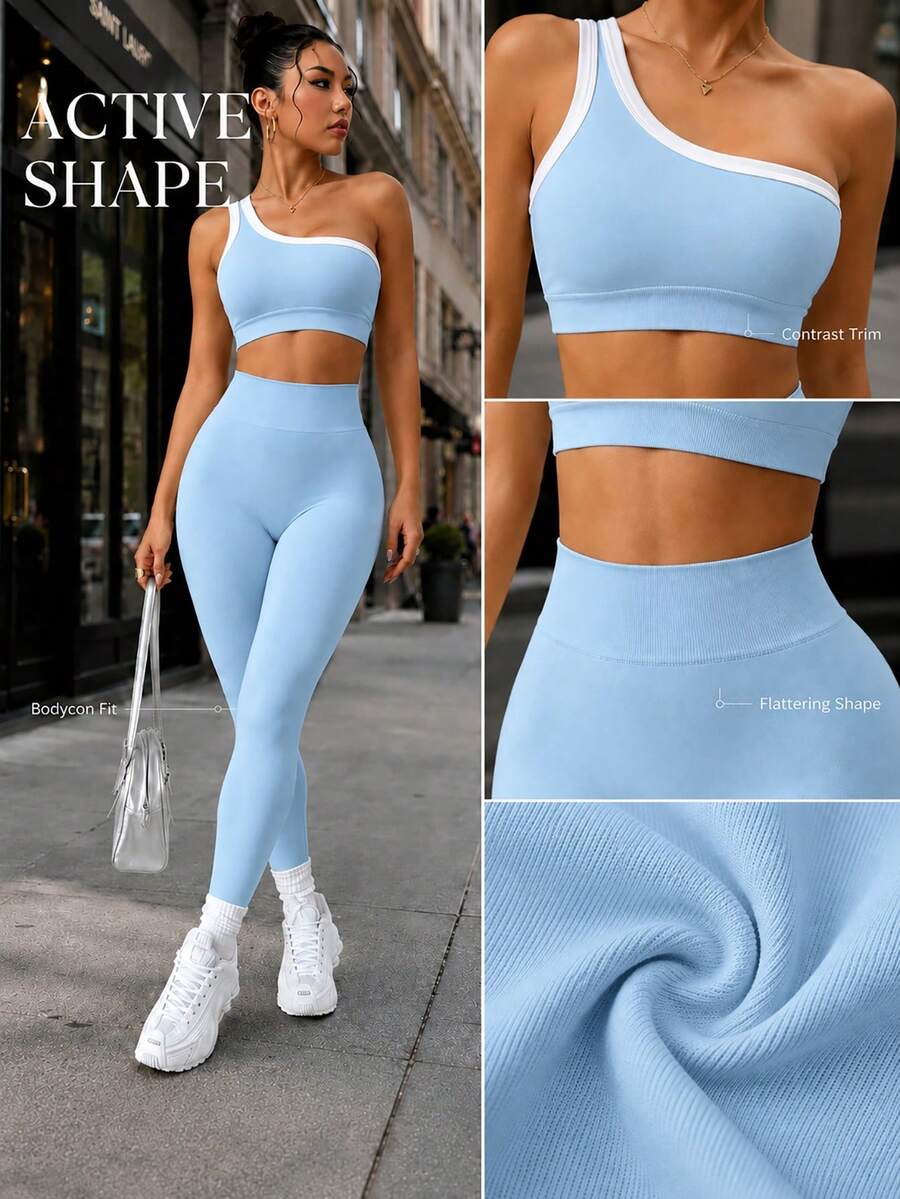 Conjunto Fitness Feminino Sem Costura com Top de Um Ombro e Legging