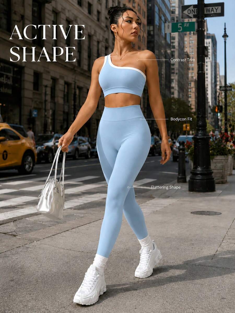 Conjunto Fitness Feminino Sem Costura com Top de Um Ombro e Legging
