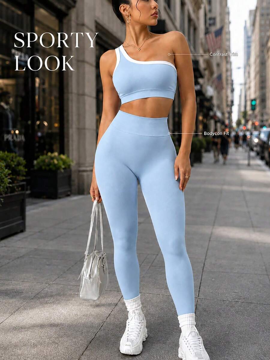 Conjunto Fitness Feminino Sem Costura com Top de Um Ombro e Legging