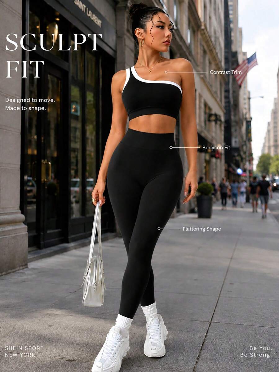 Conjunto Fitness Feminino Sem Costura com Top de Um Ombro e Legging