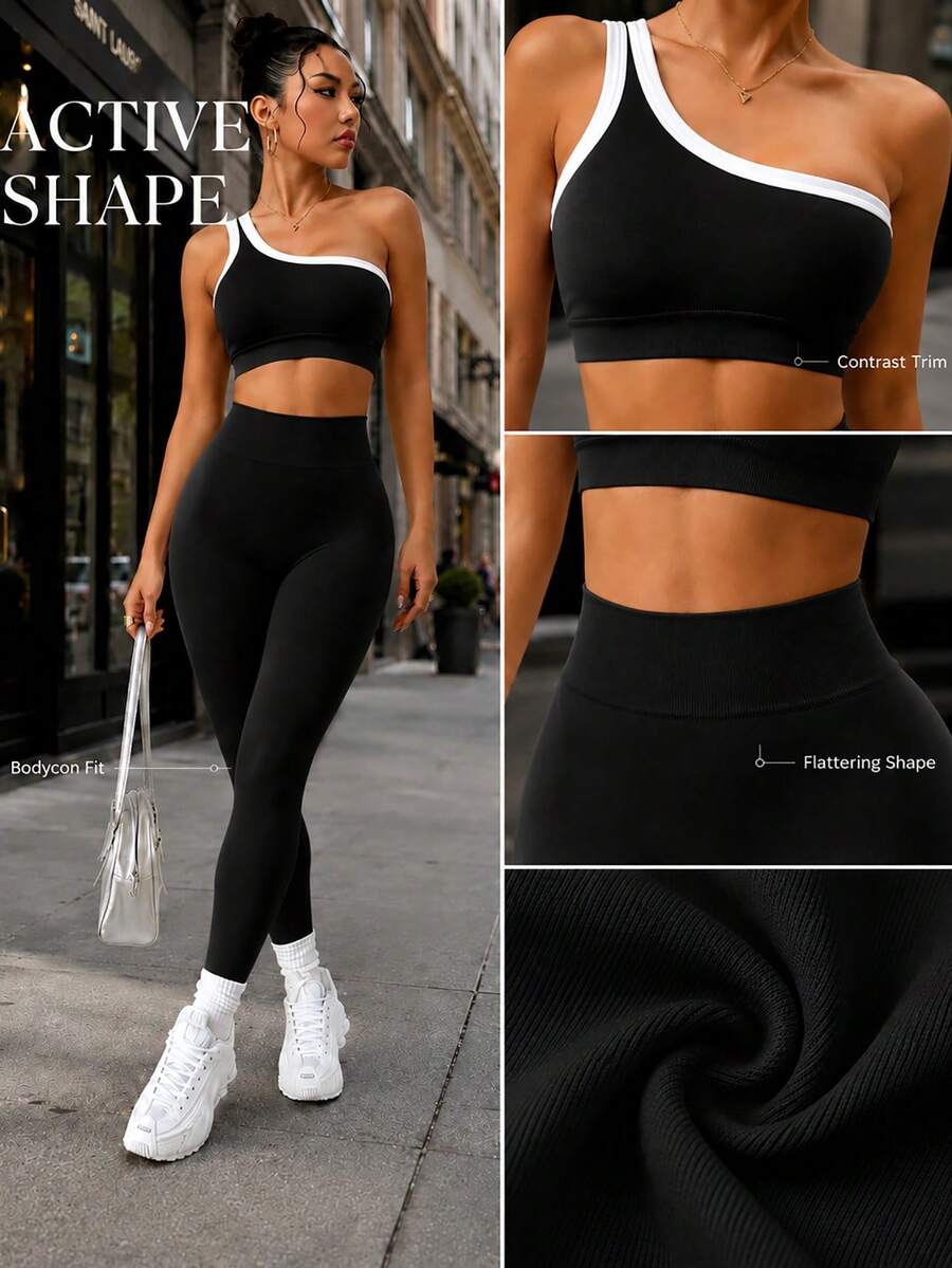 Conjunto Fitness Feminino Sem Costura com Top de Um Ombro e Legging