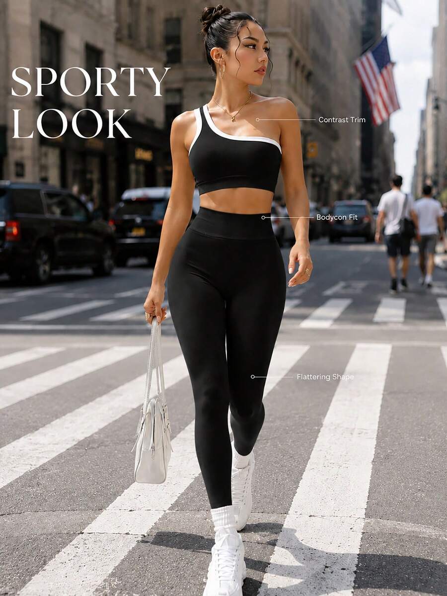 Conjunto Fitness Feminino Sem Costura com Top de Um Ombro e Legging