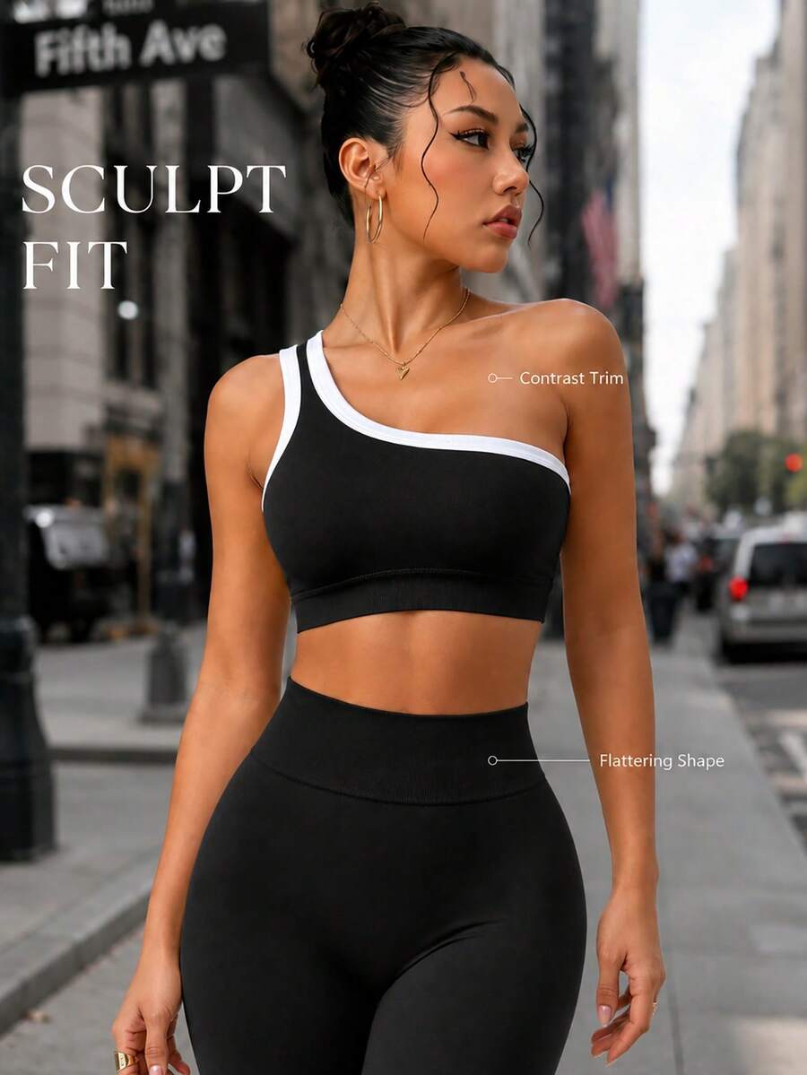 Conjunto Fitness Feminino Sem Costura com Top de Um Ombro e Legging