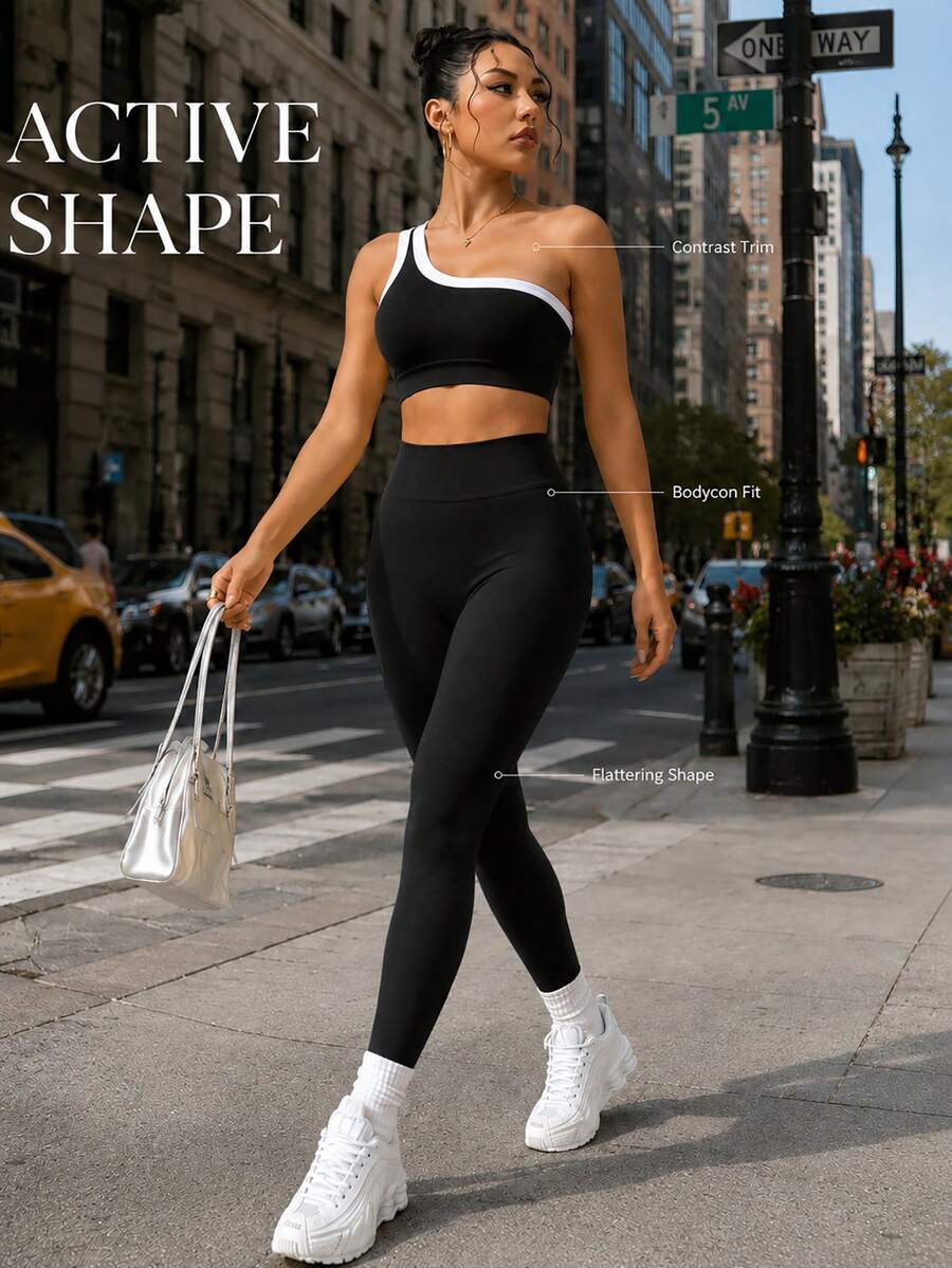Conjunto Fitness Feminino Sem Costura com Top de Um Ombro e Legging