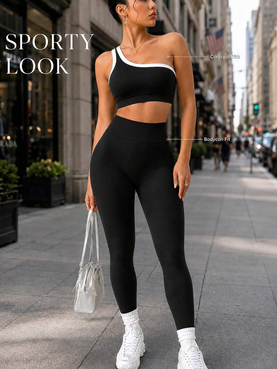Conjunto Fitness Feminino Sem Costura com Top de Um Ombro e Legging