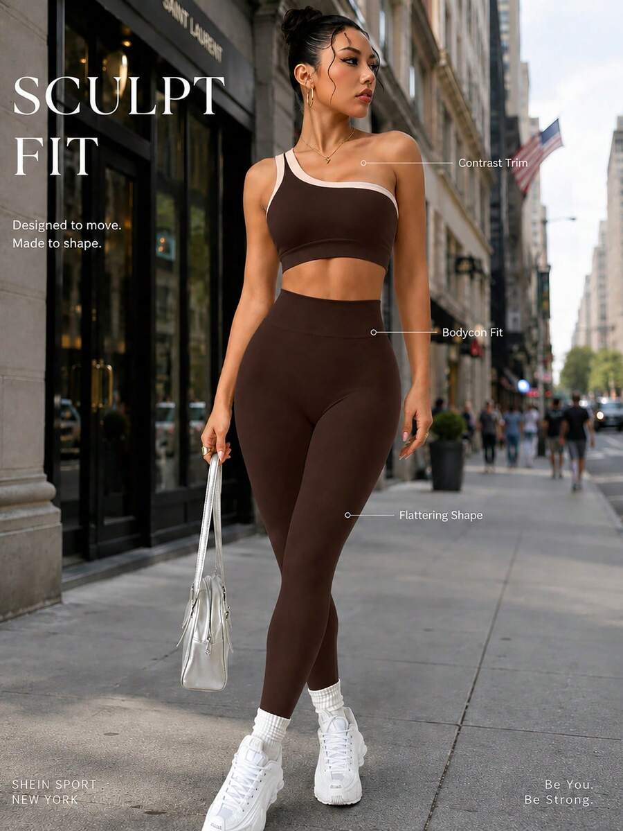 Conjunto Fitness Feminino Sem Costura com Top de Um Ombro e Legging