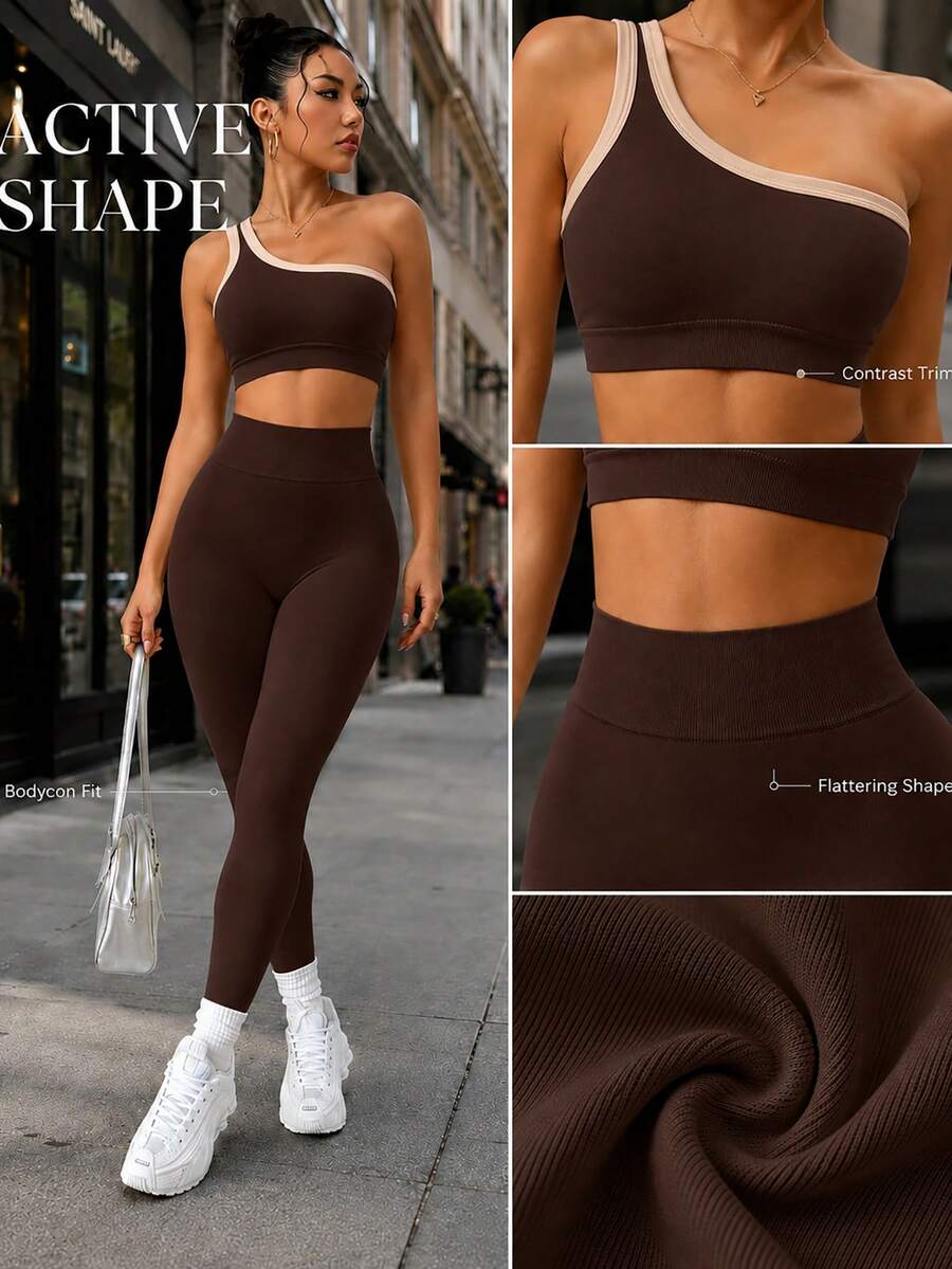 Conjunto Fitness Feminino Sem Costura com Top de Um Ombro e Legging