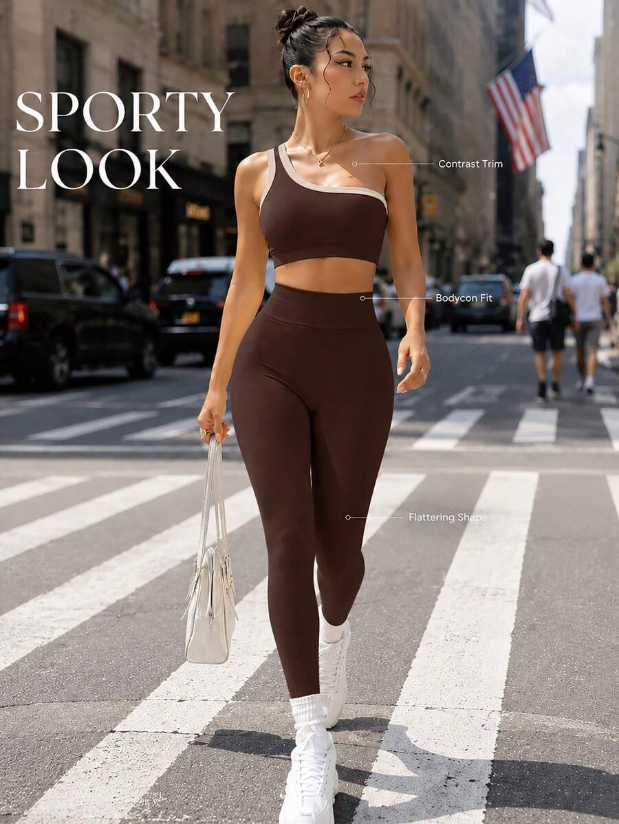 Conjunto Fitness Feminino Sem Costura com Top de Um Ombro e Legging