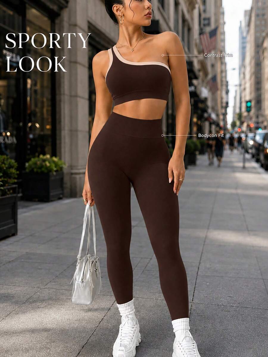 Conjunto Fitness Feminino Sem Costura com Top de Um Ombro e Legging