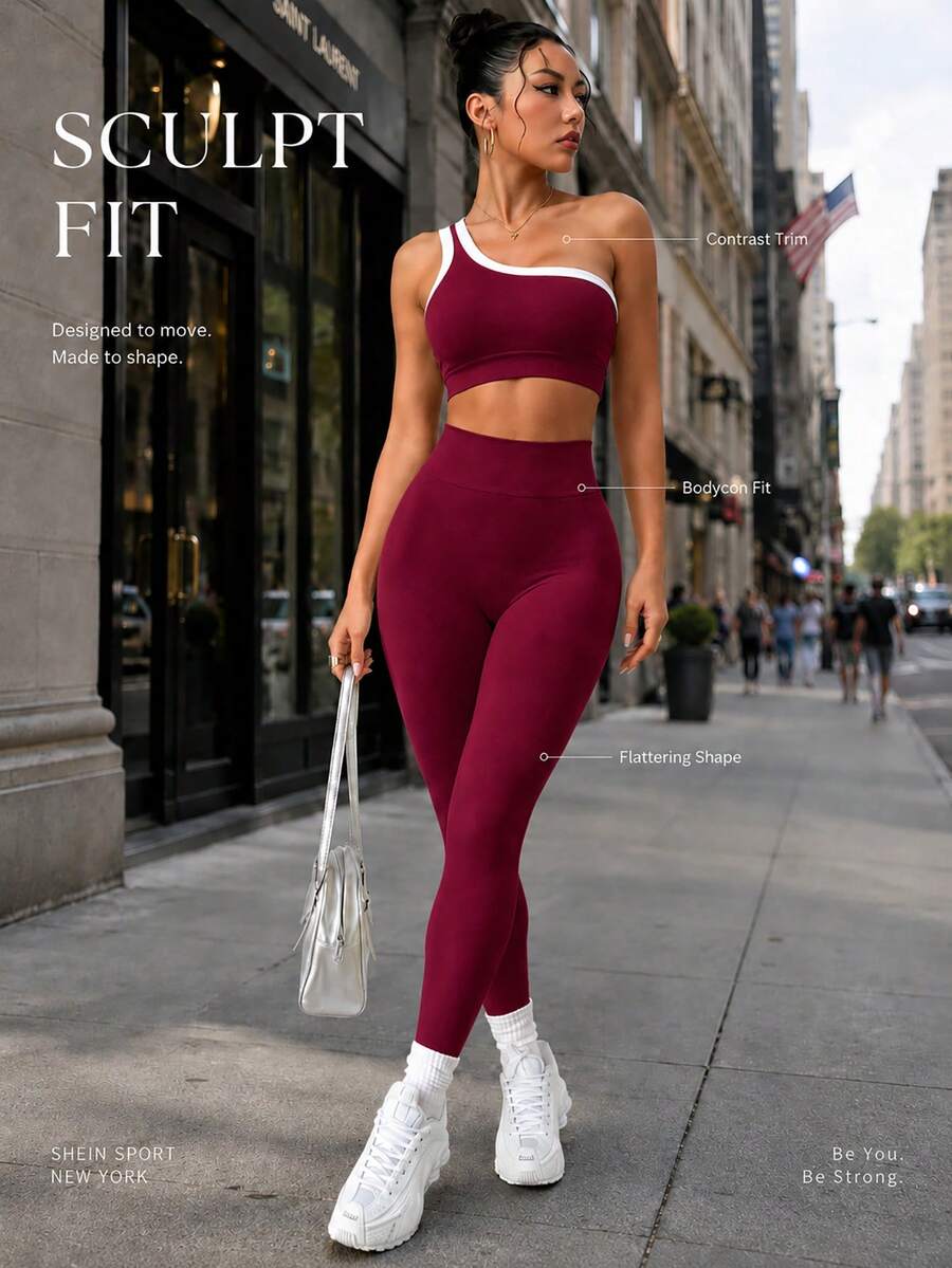Conjunto Fitness Feminino Sem Costura com Top de Um Ombro e Legging