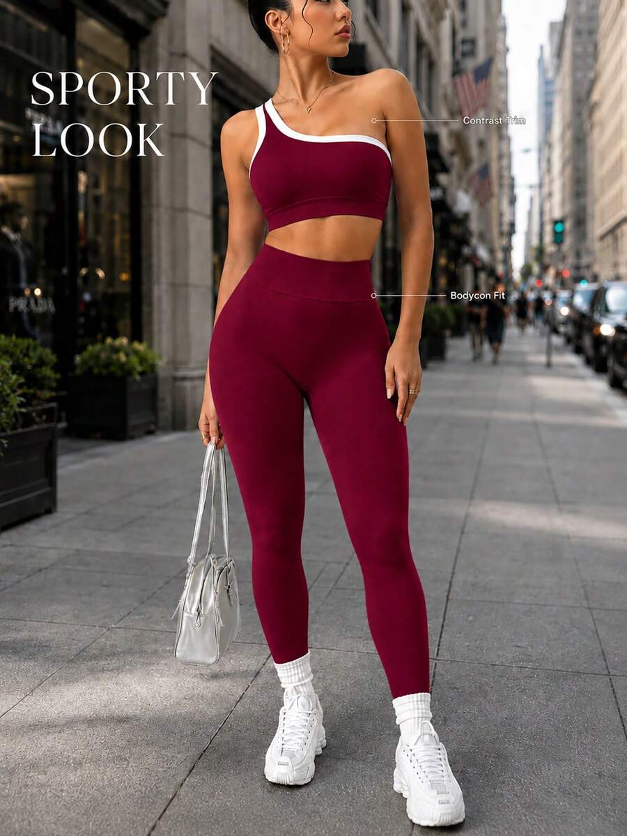 Conjunto Fitness Feminino Sem Costura com Top de Um Ombro e Legging
