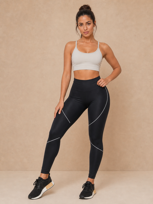 Modelo vestindo legging fitness feminina de cintura alta para academia em fundo bege.